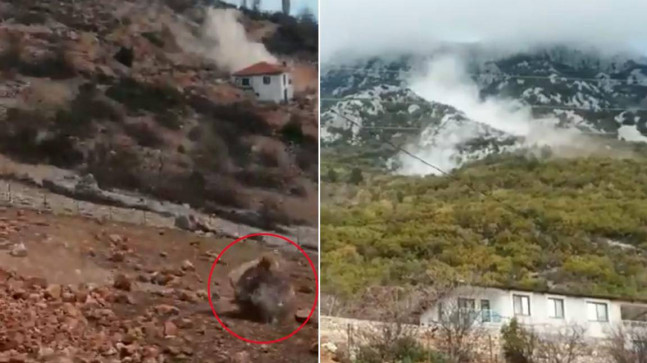 Alanya’da dağdan kopan kaya parçaları bahçe duvarlarına zarar verdi