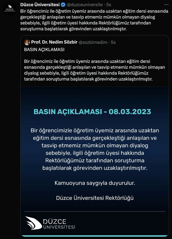 Düzce Üniversitesi öğretim üyesi depremzede öğrenciye yönelik skandal sözleri nedeniyle görevden alındı