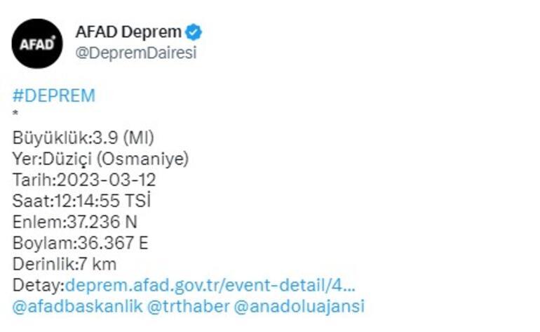 Son dakika Osmaniyede 3.9 büyüklüğünde deprem